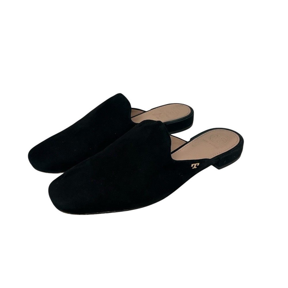 Tory Burch Black Suede Mules Sz.7.5 Slip On Shoes Square Toe